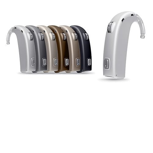 seven Oticon behind the ear hearing aids in different shades