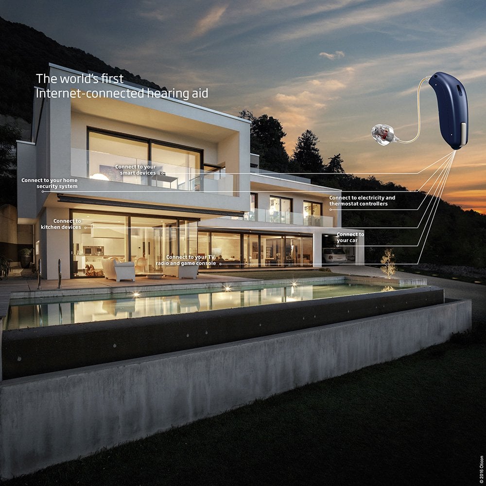 Home at dusk with an Oticon hearing aid imposed over top showing smart home connection capabilities