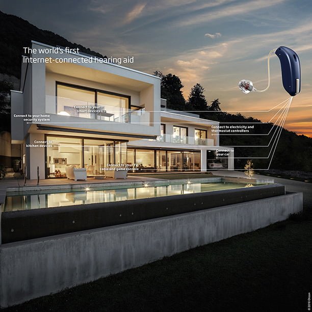 Oticon Support Image Home at dusk with an Oticon hearing aid imposed over top showing smart home connection capabilities
