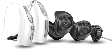 evolv-ai-family 4 hearing aids representing 3 different types of products for Muse by Starkey